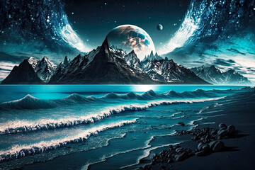 Wall Mural - landscape with mountains and blue sea against background of energy of the universe, generative ai