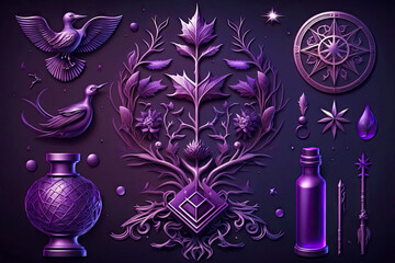 Wall Mural - symbols of mystical power and science energy of the universe in dark purple color, generative ai