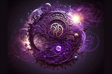 Wall Mural - symbols of mystical power and science energy of the universe in dark purple color, generative ai