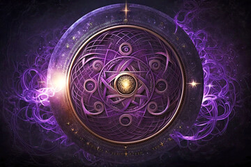 Wall Mural - symbols of mystical power and science energy of the universe in dark purple color, generative ai