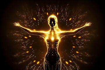 Wall Mural - golden girl with raised hands and glowing body as symbol of cosmic energy of the universe, generativ