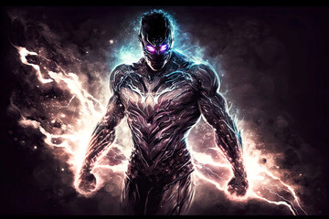 Wall Mural - courageous dark superhero in cosmic energy of the universe, generative ai
