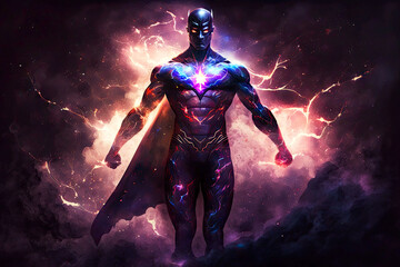 Wall Mural - courageous dark superhero in cosmic energy of the universe, generative ai