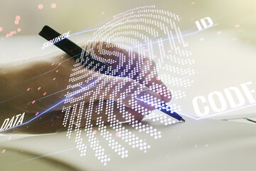 Aufkleber - Multi exposure of abstract creative fingerprint illustration with man hand writing in notebook on background, digital access concept
