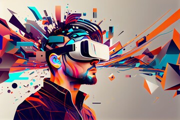 Wall Mural - AI Metaverse concept collage design with man wearing VR headset floating though abstract shapes, man with smart glasses futuristic technology. Generative AI