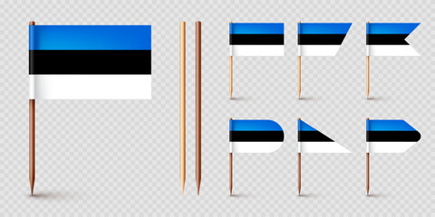 Realistic various Estonian toothpick flags. Souvenir from Estonia. Wooden toothpicks with paper flag. Location mark, map pointer. Blank mockup for advertising and promotions. Vector illustration