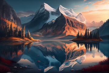 Wall Mural - Beautiful mountain and lake. Generative AI