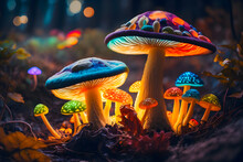 Fantastic Color Rainbow Glowing Mushrooms In A Mysterious Dark Forest Close-up. Beautiful Macro Shot Of A Magic Mushroom, Fungus. Art Design Border. Magic Light. Generative AI
