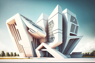 Poster - futuristic university building with special constructions and geometric figures, generative ai