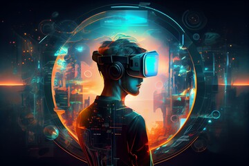 Canvas Print - Metaverse virtual world, metaverse digital world intelligent futuristic interface technology.3d illustration. Generative AI