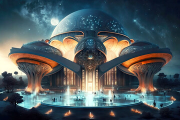 Canvas Print - wonderful futuristic university building with planetarium and glowing water fountains, generative ai