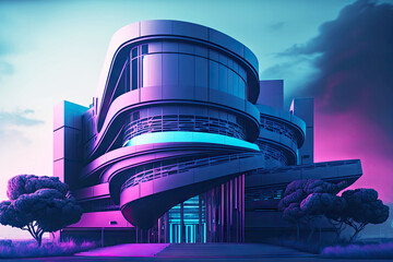 Poster - futuristic university building with architecture of future in blue and purple tones, generative ai