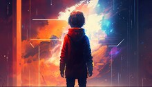 A Boy In Front Of Metaverse Gate To Cyber Dimension Realm, Fantasy Sci-fi Theme, Futuristic Lifestyle, Generative Ai