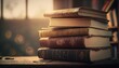 © QuietWord - stack of vintage books with copy space, idea for storytelling or education theme background wallpaper, Generative Ai