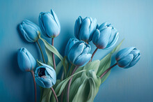 Bouquet Of Blue Tulips Flowers On Pastel Blue Background
