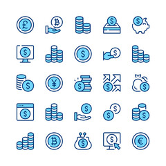 Wall Mural - Coins line icons. Set of coins icons. Blue color. Vector line icons set