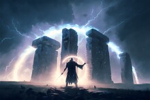 A Druid Who Raises His Arms And Receives Lightning In His Hands At The Foot Of The Stohenge Astrological Destiny 2 Crepuscular Rays 