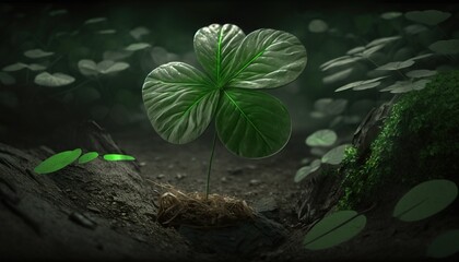 Sticker -  a four leafed plant is growing out of the ground in a dark, green forest with leaves scattered around it and a dark background of leaves.  generative ai