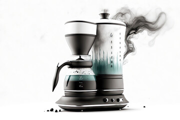 Sticker - geyser coffee maker with foggy spout isolated on white background, generative ai