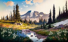  Reflection Lake Trail. Summer, Mount Rainier National Park, Watercolor Style AI Generated