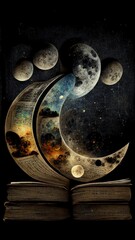 Wall Mural - astrology or astronomy book of the universe - opened old witch magic book with moon phases.