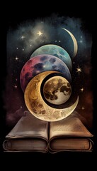 Wall Mural - astrology or astronomy book of the universe - opened old witch magic book with moon phases.