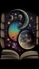 Wall Mural - astrology or astronomy book of the universe - opened old witch magic book with moon phases.
