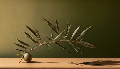 Canvas Print -  an olive branch with a single olive on a wooden table with a green wall in the background and a green wall in the back ground.  generative ai