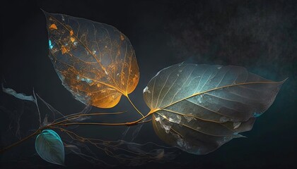  a leaf with glowing leaves on a black background with a blue light coming from the center of the leaf and the stem of the plant.  generative ai