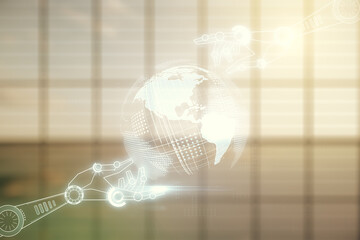 Aufkleber - Abstract virtual robotics technology hologram with globe on modern interior background, artificial intelligence and machine learning concept. Multi exposure