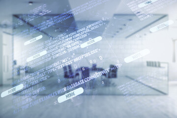 Poster - Abstract virtual coding concept and world map hologram on a modern furnished office background. Multiexposure