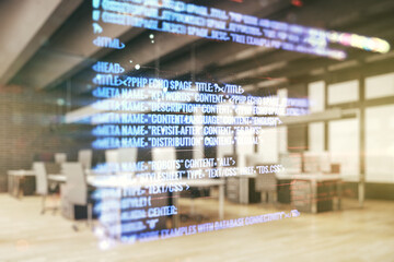 Aufkleber - Double exposure of abstract creative programming illustration on a modern furnished office interior background, big data and blockchain concept