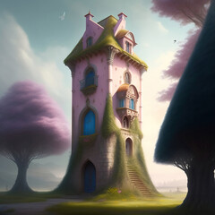 Wall Mural - Generative AI: cute tower in a fantasy landscape