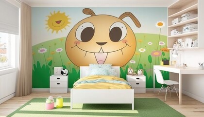 Canvas Print -  a child's bedroom with a wall mural of a smiling dog on the wall and a green field of flowers on the wall and a green rug.  generative ai