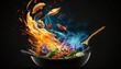  a wok filled with lots of different types of food flying out of it's side and into the air with a wooden spoon.  generative ai