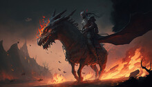 Surreal Illustration Of A Knight Riding A Huge Dragon.