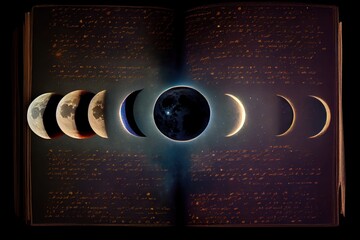 Wall Mural - astrology or astronomy book of the universe - opened old witch magic book with moon phases.