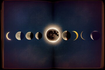 Wall Mural - astrology or astronomy book of the universe - opened old witch magic book with moon phases.
