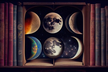 Wall Mural - astrology or astronomy book of the universe - opened old witch magic book with moon phases.