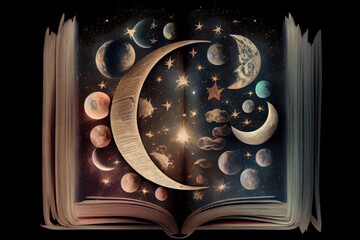Wall Mural - astrology or astronomy book of the universe - opened old witch magic book with moon phases.