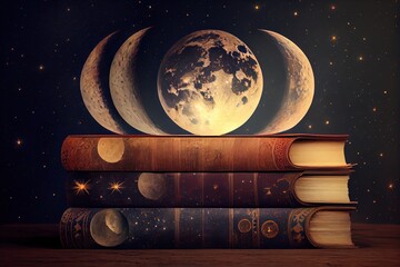 Wall Mural - astrology or astronomy book of the universe - opened old witch magic book with moon phases.