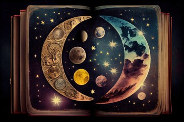 Wall Mural - astrology or astronomy book of the universe - opened old witch magic book with moon phases.