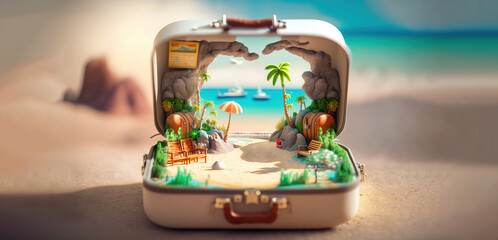 vacation travel time banner, open travel suitcase with exotic destination inside with copy space area