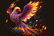 hot flames of mythical bird phoenix firebird on dark background, generative ai