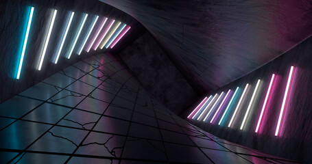 Poster - Dark long corridor with neon lighting along the wall.