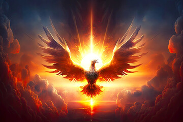 Poster - striking image of phoenix firebird rising into sky in rays of setting sun, generative ai