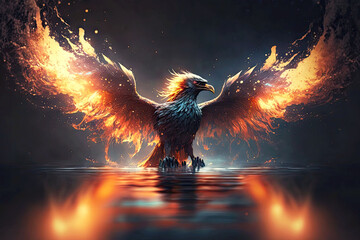 Poster - huge powerful bird in form of phoenix firebird flies over water, generative ai