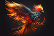 fantastic flying bird in form of phoenix firebird with red orange beak and body, generative ai