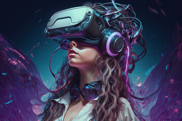 Wall Mural - Girl in metaverse, young woman uses futuristic VR headset, generative AI