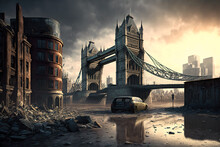 Apocalyptic View Of Destroyed London, Post Apocalypse After World War, Generative AI